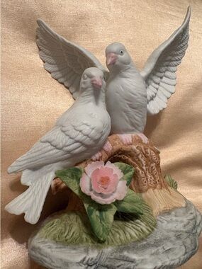 White Porcelain Dove Figurine with Pink Flower - Decorative Bird Statue